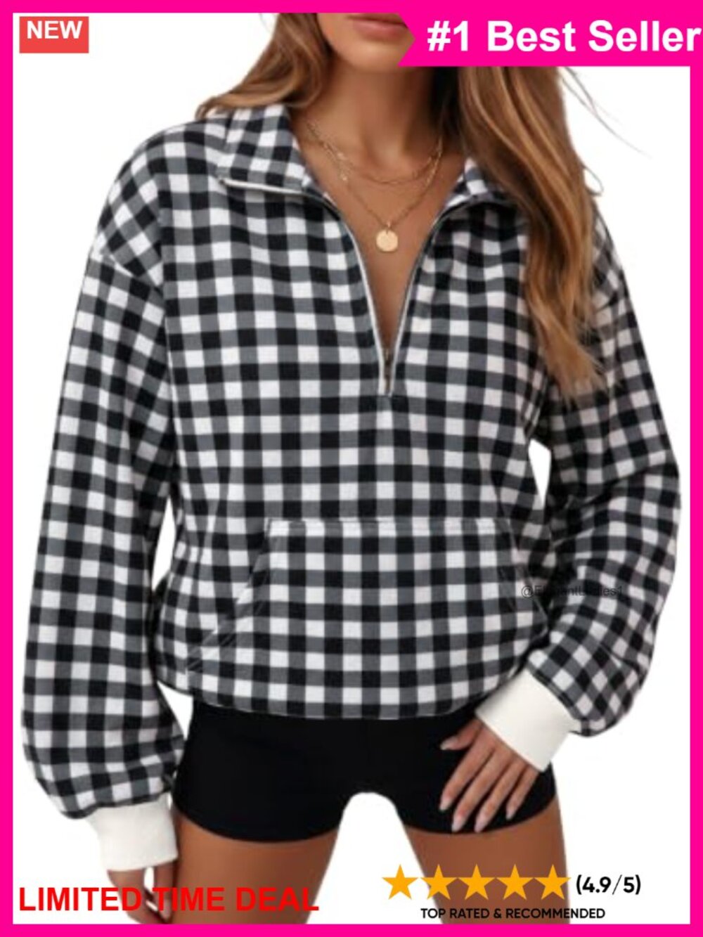 Women's Half Zip Pullover Sweatshirt Plaid Kangaroo Pocket Loose Fit